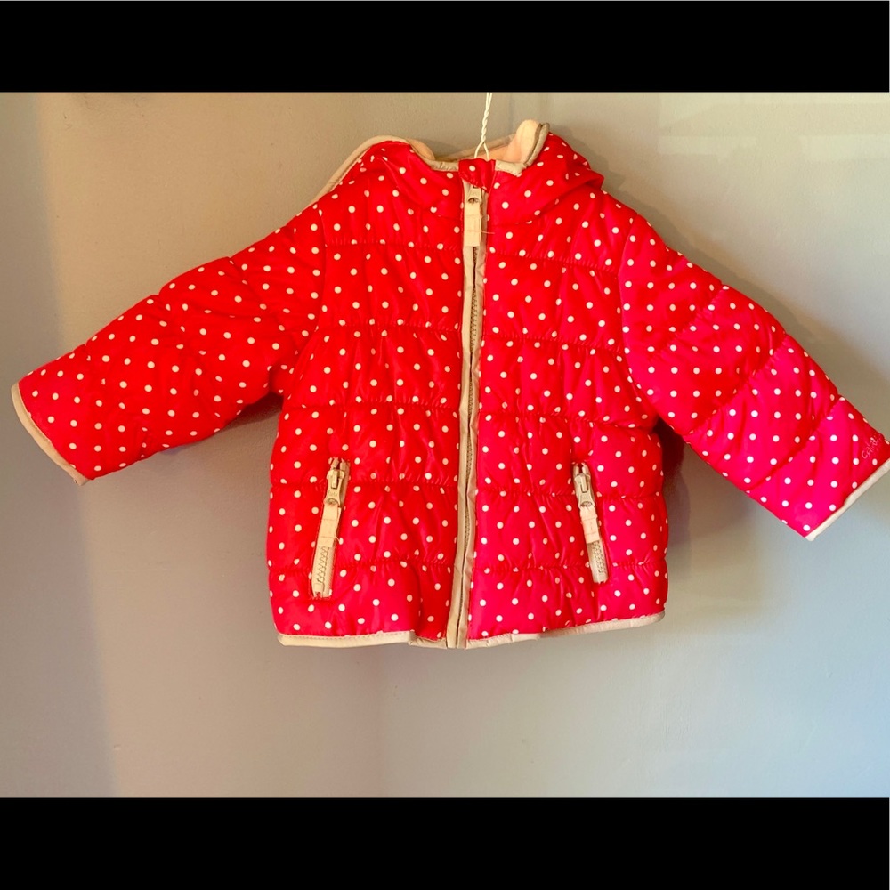 Carter’s baby girl hot pink puffer with while dots